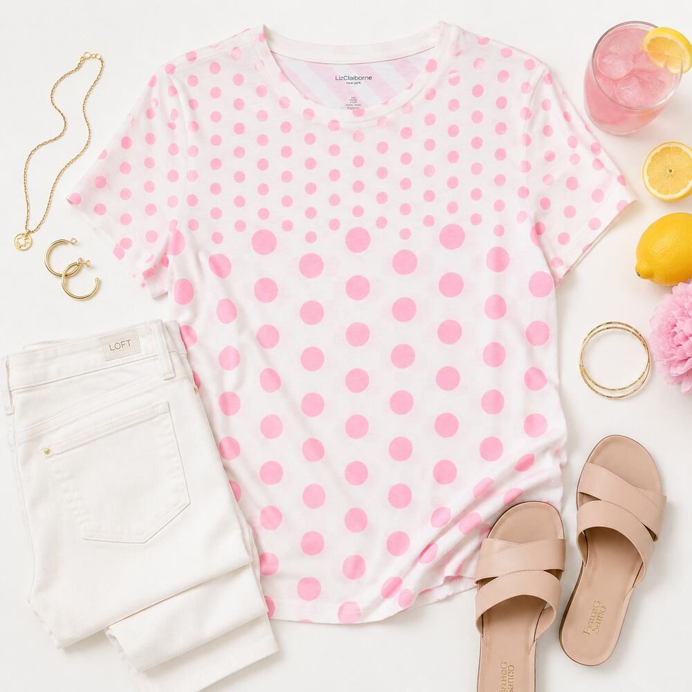 Liz Claiborne New York Pink Polka Dot Tee Women's Large White Short Sleeve NWT